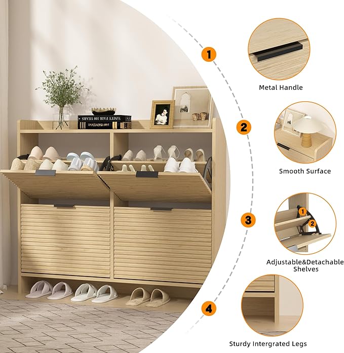Large Shoe Storage Cabinet with 4 Flip Drawers, Wood Freestanding Shoe Organizer for Entryway Hidden Narrow Shoe Rack Cabinet, Nature Oak