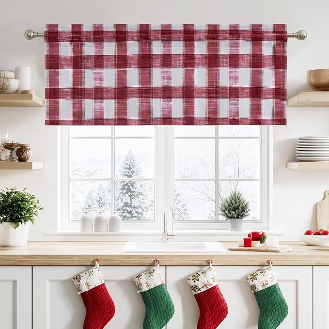 NICETOWN Christmas Plaid Valances for Kitchen, Farmhouse Style Rod Pocket Red Holiday Curtains 18 Inch Length, Xmas Window Treatments Tiers for Living Room, 52 x 18 inch, 1 Pair, Red & White