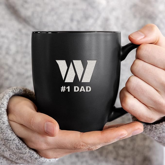 Rico Industries NFL Football #1 Dad 15oz Laser Engraved Matte Black Ceramic Bistro Mug - for Hot or Cold Drinks