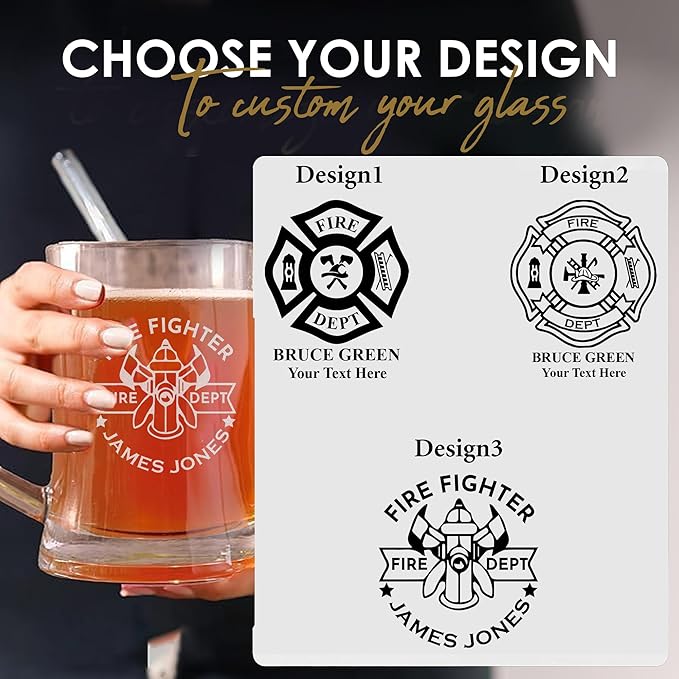 Personalized Firefighter Beer Mug, Custom Name and Text, Etched Fire Dept Beer Glass, 17oz Engraved Glassware, Fireman Gift, Home Bar, Firefighter Gifts for Men, Dad