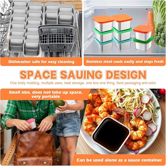 8 Pack Stainless Steel Small Storage Containers with Silicone Lids, 6oz Reusable Mini Portion Cups, Leak-Resistant Metal Containers for Snacks, Sauce, Meal Prep & On-the-Go
