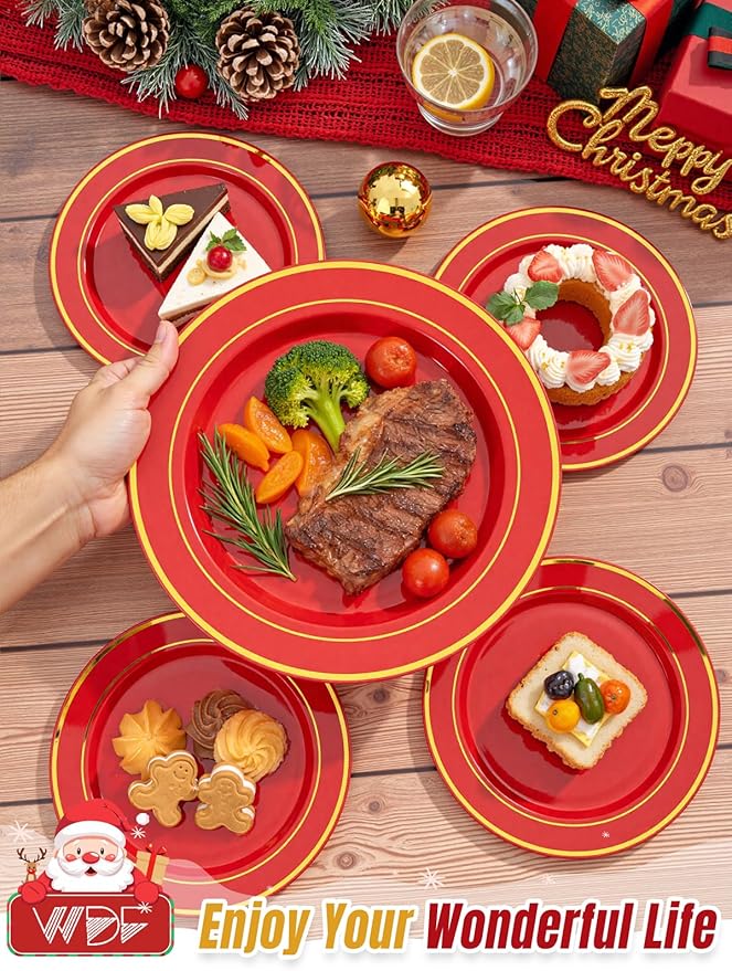 350Pieces Red Plastic Plates with Gold Rim Include 50Dinner Plate 10”, 50Dessert Plate 7”, 50 gold Cups 9 OZ, 50 Pre Rolled Napkins for Christmas Party
