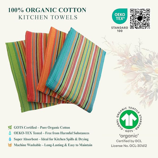 DG Collections Salsa Stripe Kitchen Dish Towels, 100% Cotton, Highly Absorbent, Multi Purpose Waffle Tea Towels for Cooking, Drying & Cleaning, 16x28 Inches, Pack of 12