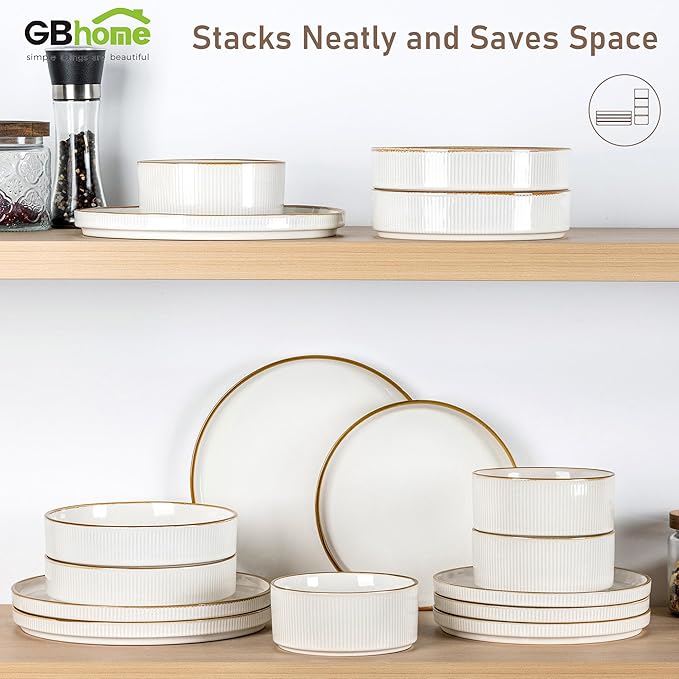 GBHOME Stoneware Dinnerware Sets for 4,Round Reactive Glaze Ceramic Plates and Bowls Set,Highly Scratch Resistant | Dishwasher & Microwave Safe Dishes Set,Service for 4(12Pcs),Pearl White