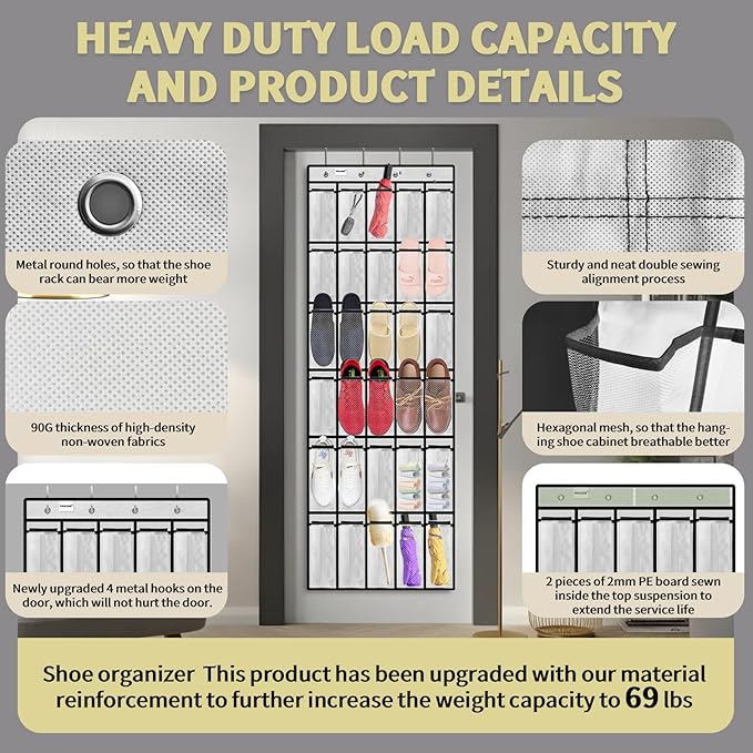 PAULONE Over the Door Shoe Organizer, 30 Multi-Size Large Breathable Mesh Pockets, Reusable Breathable Large Mesh Pockets, Boys' and Girls' Shoe Organizer, Space Saving Hanging Organizer (White)