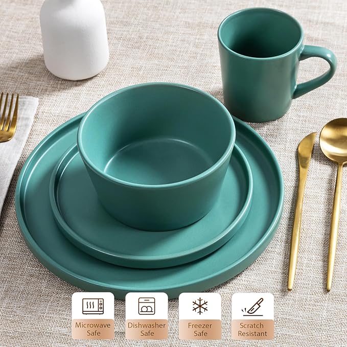 Plates and Bowls Sets for 4 - CJDC-QUELO 16 Piece Stoneware Dinnerware Sets with Mugs, Ceramic Dishware Sets for Kitchen Dining Use, Chip and Scratch Resistant Microwave Dishwasher Safe, Green