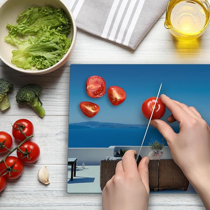 Ambesonne Modern Cutting Board, View of Mediterranean Santorini Aegean Sea Seascape Holiday Artwork, Decorative Tempered Glass Cutting and Serving Board, Large Size, Grey Sky
