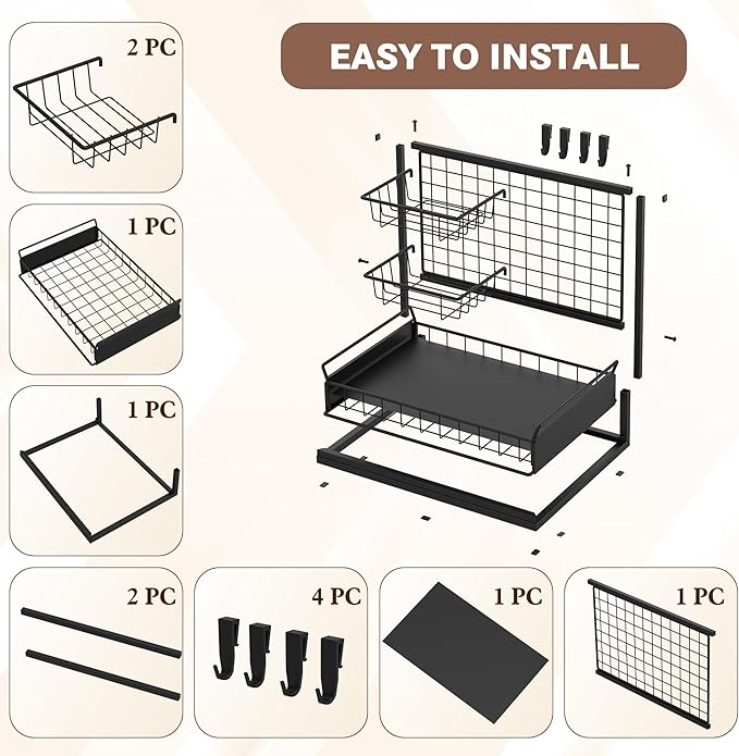 Under Sink Organizer Shelves, Pull Out Cabinet Organizers, Metal Hook Shelf Sliding Drawers for Kitchen Bathroom Closet Organization and Storage