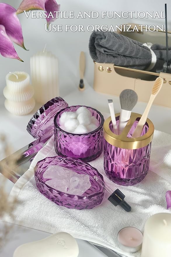 Purple Bathroom Accessories Set, 5Pcs Clear Glass Bathroom Accessories, Soap Dispenser, Toothbrush Holder Set, Soap Dish, Qtip Holder, Tumbler for Vintage Crystal Bath Decor (Violet)