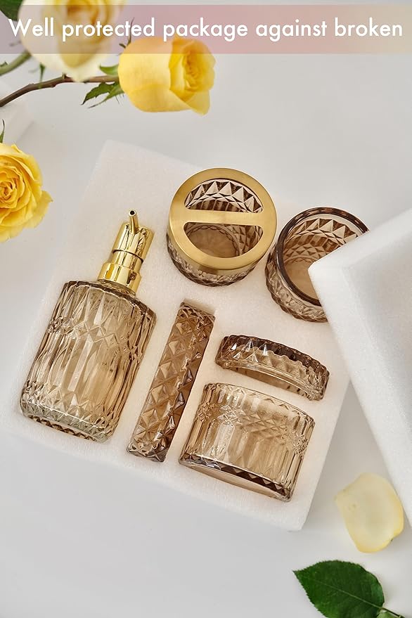 Brown Bathroom Accessories Set, 5Pcs Clear Glass Bathroom Accessories, Lotion Soap Dispenser, Toothbrush Holder Set, Soap Dish, Qtip Holder, Tumbler for Vintage Bathroom Decor, Gift Set