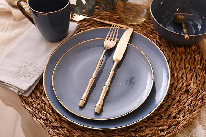 KOKEN - 16 Pc Bone China Dinnerware Sets – Grey china dinnerware set - Plates and Bowls Sets Dishes Set for 4 – Kitchen Plates, mugs, Bowls - Microwave safe china sets for home - Dining set, Blue