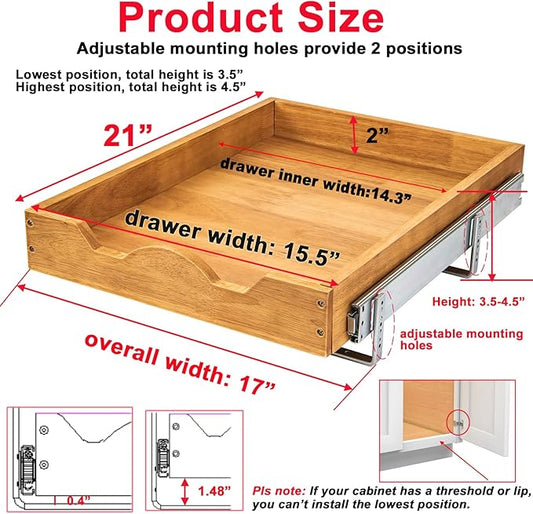 DINDON 1 Tier Pull Out Cabinet Organizer (17"W x 21"D) Single Tier Heavy Duty Slide Out Wood Drawer Under Cabinet Shelf Organization Storage