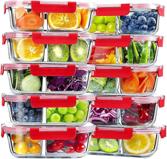 VERONES 10 Pack Glass Meal Prep Containers 2 Compartment Set, 30 OZ Airtight Glass Lunch Containers, Food Storage Containers with Lids, for Microwave, Oven, Freezer & Dishwasher Friendly，Red