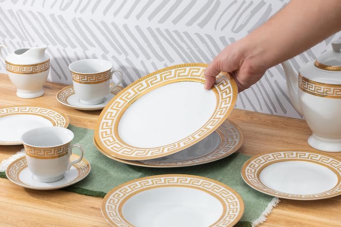 Vintage Dinnerware Set for 8-57 Piece Porcelain Dining Set - Gorgeous White and Gold Greek Key Design - Plates, Bowls, Cups and Saucers - For Everyday Use and Special Events (Meander Gold 2057)