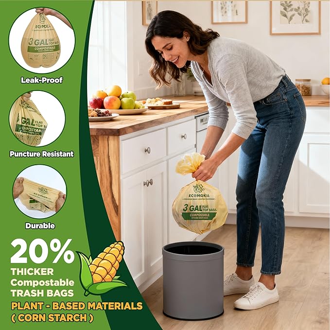 EcoMokii Compostable Trash Bags 3 Gallon, 120 Count, Extra Thick 0.8 Mil Small Compost Bags for Kitchen Countertop Bin, Food Scrap Bag Certified by BPI & OK Compost Home