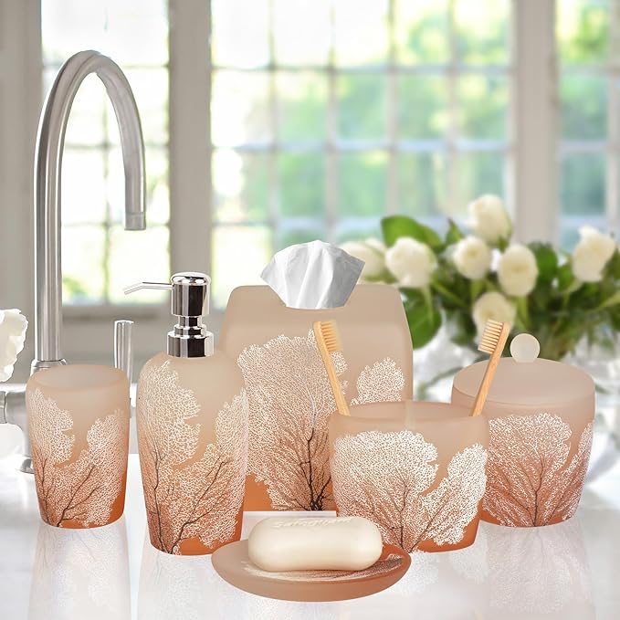 Decozen Bathroom Accessories Set 6Pcs – Soap Dispenser, Toothbrush Holder, Tumbler, Soap Dish & Cotton Swab Jar – Modern Bathroom Decor, Bath Set for Christmas Decor, Carruthers