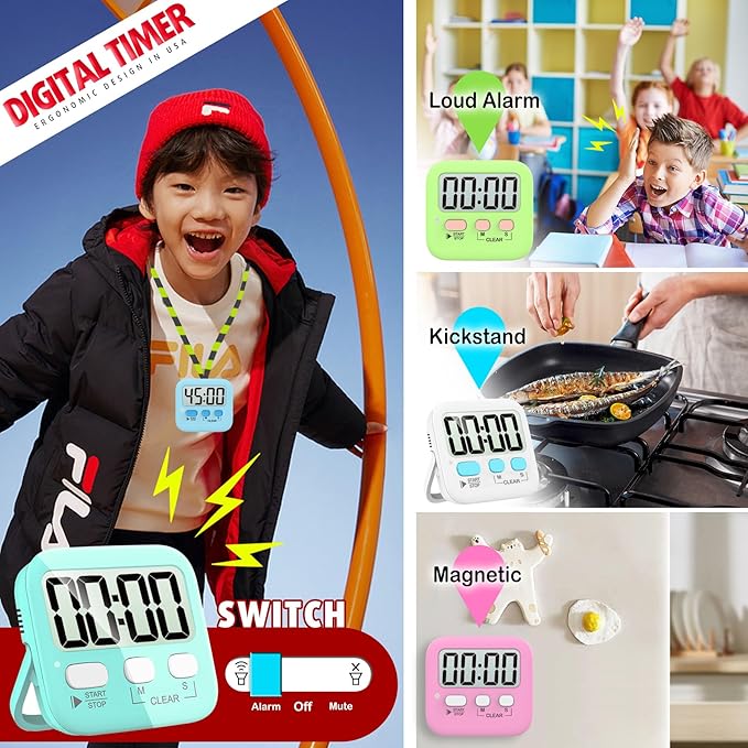 Antonki 2 Pack Digital Timer for Kids, Magnetic Countdown Kitchen Timers for Cooking, Egg, Classroom, Teacher, Exercise, Study, Oven - Battery Included