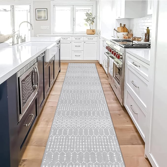 Lahome Moroccan Washable Rug Runner - 2x10 Non-Slip Runner Rug for Kitchen Stain Resistant Grey Carpet Runners for Hallway 10 Ft, Modern Geometric Print Soft Floor Carpet for Bathroom Entryway Foyer