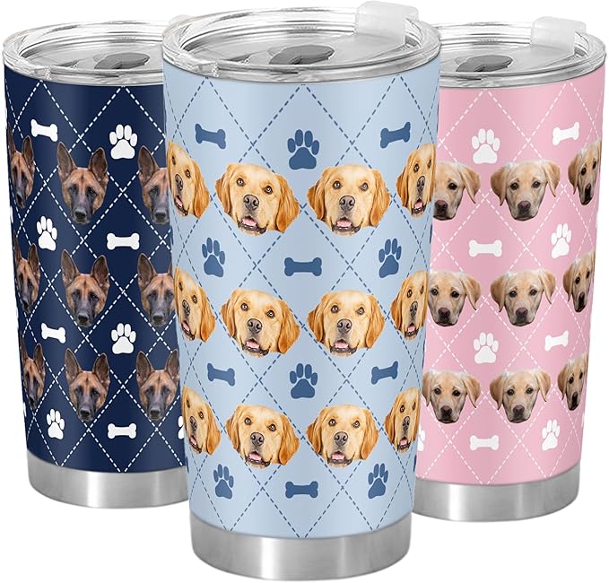 FunStudio Personalized Dog Face Tumbler with Pictures Puppy Pet Paw Custom Tumblers Coffee Travel Mug Cup Gift for Men Women, 20 Oz Insulated Stainless Steel