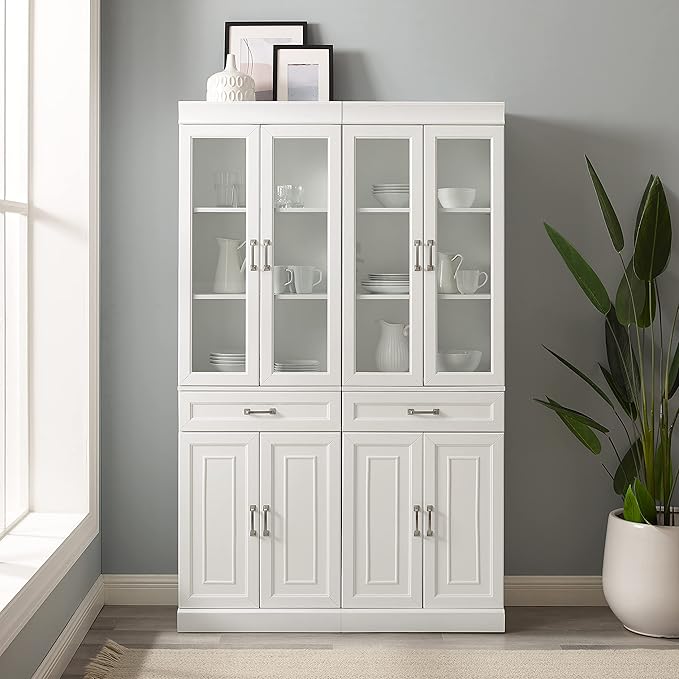 Crosley Furniture Stanton 2-Piece Glass Door Kitchen Storage Pantry Cabinet with Shelves Dining, Laundry Room, White
