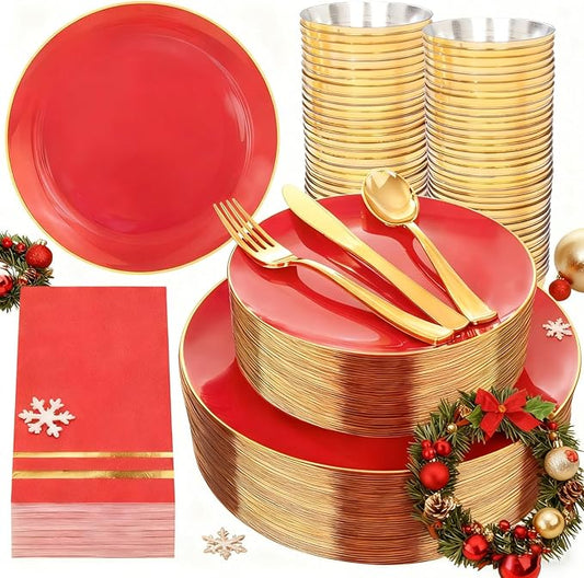 NOCCUR 350PCS Red Plastic Plates - Disposable Red Gold Dinnerware Set for 50 Guests, 100 Dinner/Dessert Plates, 150 Gold Silverware, 50 Cups&50 Napkins for Party/Wedding/Birthday/Christmas