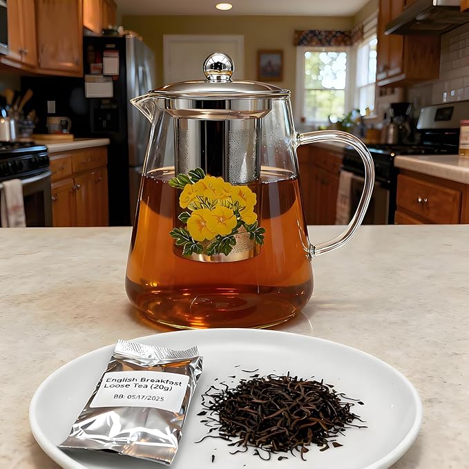 Glass Teapot Stovetop with English Breakfast Tea, 34OZ High Temperature Resistant Borosilicate Clear Tea Kettle with Infuser as Birthday & Christmas Gifts for Women and Men (Transparent)