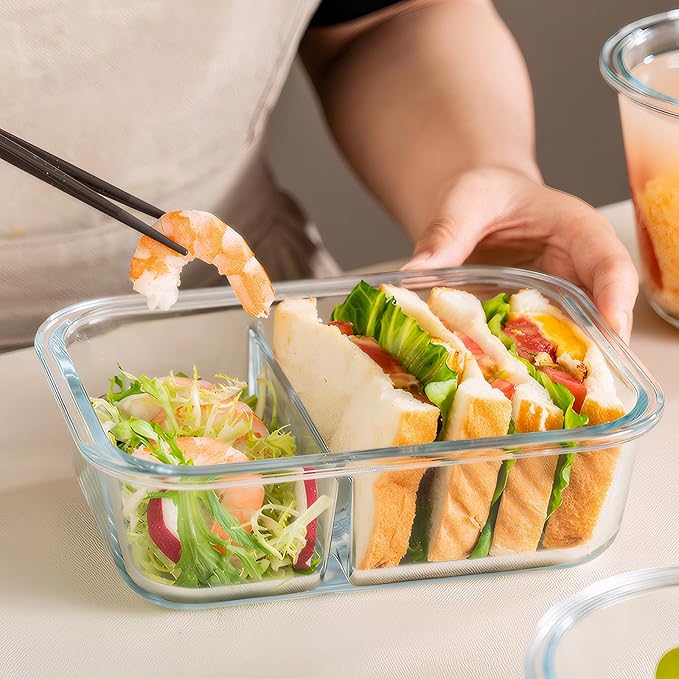 BAYZZ 5 Pack 35 Oz Glass Meal Prep Containers 2 Compartments, Glass Storage Containers with Lids, Airtight Lunch Bento Boxes, BPA-Free, Microwave and Freezer Safe,White