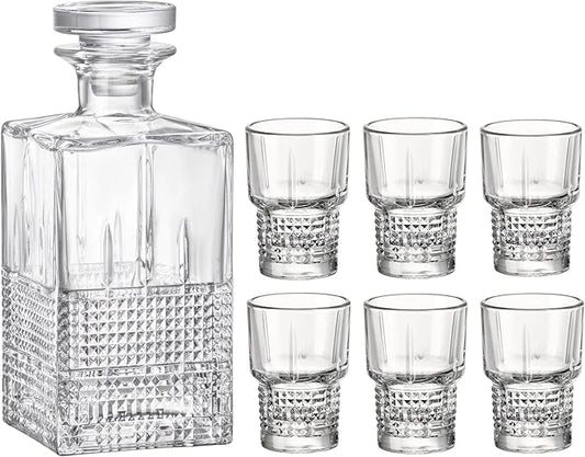 Bormioli Rocco Bartender Novecento Stackable 7-Piece Liquor Set, Includes 1 Decanter and 6 Shot Glasses for Liquor and Spirits, Clear