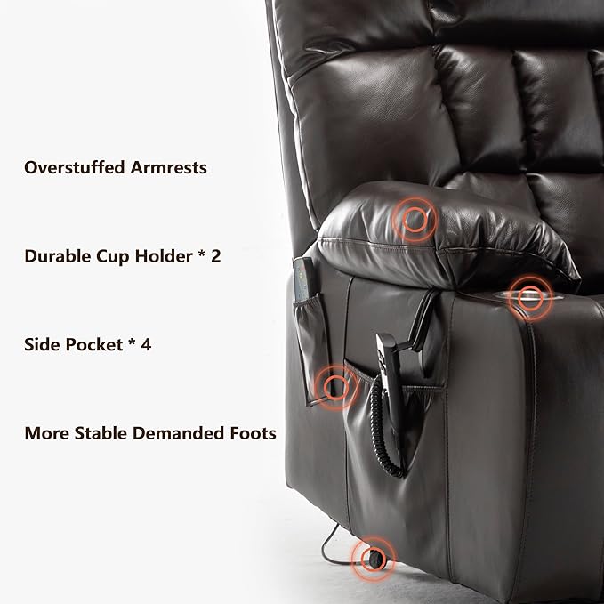 Dual Motor Power Lift Recliner Chair for Big and Tall Elderly Adults Electric Lay Flat Recliner, Stand Up Lift Chairs Recliners with Massage Heat, Cup Holders, Side Pockets, Lumbar Pillow