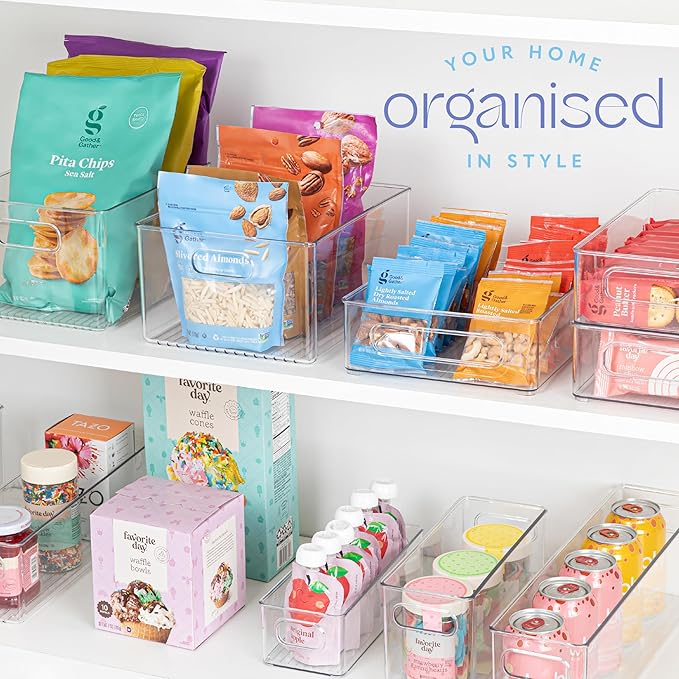 primebox Clear Plastic Organizer Bins with Handles for Home Organization. Storage Containers for Organizing Fridge, Freezer, Cabinet. Pantry, Great for Kitchen, Garage, Laundry Room. 10"x8"x5"