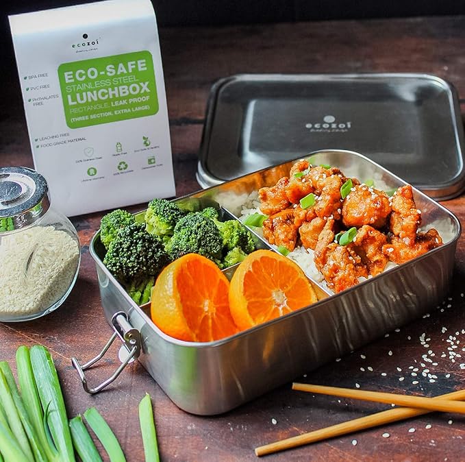 ecozoi Stainless Steel Lunch Box, Leak Proof 3 Compartment, Medium | Redesigned Silicone Seal | Sustainable Zero Waste Eco Friendly Bento Box Food Storage Container