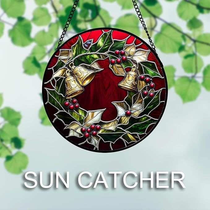 Stained Glass Window Hanging 4 Pcs Set Christmas Golden Bell Sleigh 6.3" - Suncatcher Door Garden Sun Catcher Decor Birthday Mother's Day Xmas Gifts for Mom Woman Nana Men Parents