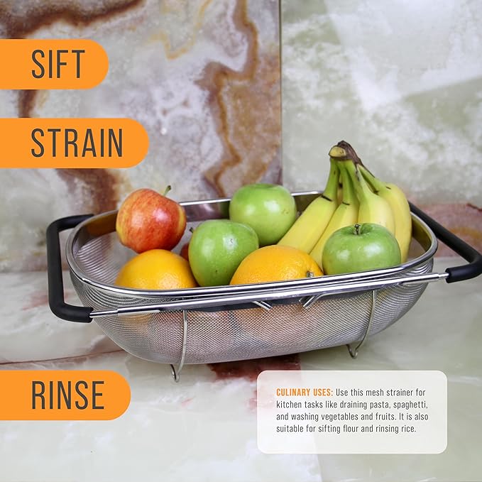 U.S. Kitchen Supply Stainless Steel Colander Strainer - 6-Quart Collapsible Colander with Expandable Rubber Handles - Rectangular Sieve, Fine Mesh Stainless Steel Strainers and Colanders for Kitchen
