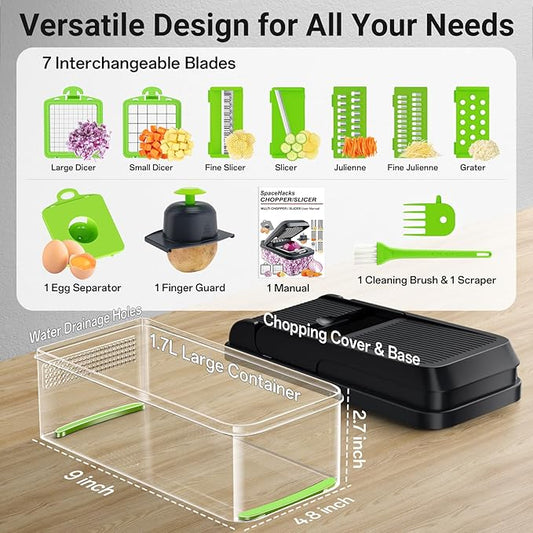12-in-1 Vegetable Chopper, Kitchen Gadgets with 7 Blades, Veggie, Food, Onion Chopper, Cucumber Slicer, Versatile Mandoline, Includes Egg Separator & Finger Guard, Green