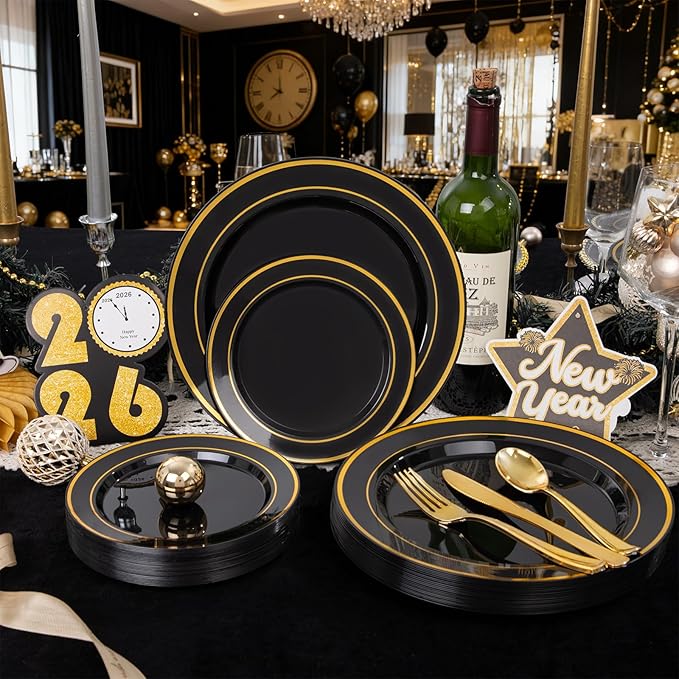 WDF 200PCS Black and Gold Plastic Plates - Black Plates Disposable for Party - Heavy Duty Plastic Plate for New Year
