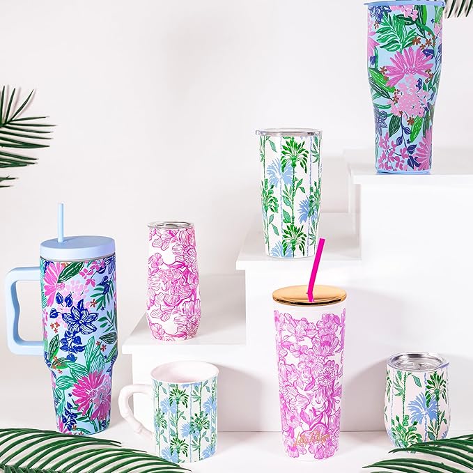 Lilly Pulitzer 12 Oz Insulated Tumbler with Lid, Yellow/Green Stainless Steel Travel Wine Glass, Double Wall Metal Cup (Swayin in the Breeze)