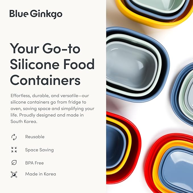 BLUE GINKGO Nesting Silicone Containers - Set of 3 Hard-Shell Silicone Food Storage Containers | BPA Free, Airtight, Dishwasher and Freezer Safe (6.7oz, 10oz, 20oz) - Grey