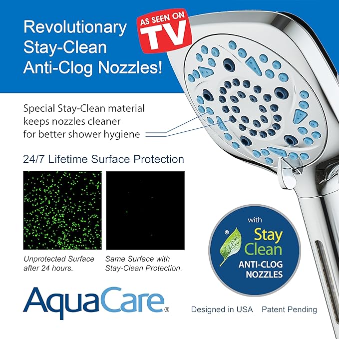 AquaCare High Pressure 10 Spray Mode Filtered Showerhead - Handheld Shower Head Filters Chlorine to Heal Dry Skin, Revive Hair - Dual Power Wash Cleans Tub, Tile, Pets - Hard Water Softener, Chrome