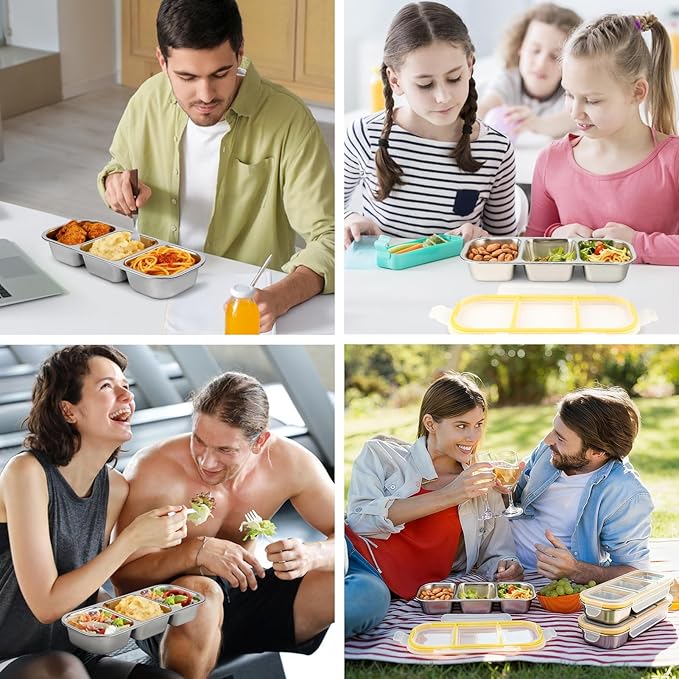 3 Pack Stainless Steel Snack Containers with Lids, Reusable Metal Food Storage Containers, 3 Compartment Leakproof Snack Box, Portable Bento Lunch Snack Boxes for Home, Travel, Outdoor and Camping