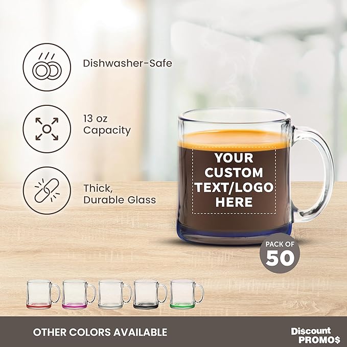 Custom Libbey Clear Glass Coffee Mugs 13 oz. Set of 50, Personalized Bulk Pack - Perfect for Coffee, Tea, Espresso, Hot Cocoa, Other Beverages - Blue Bottom