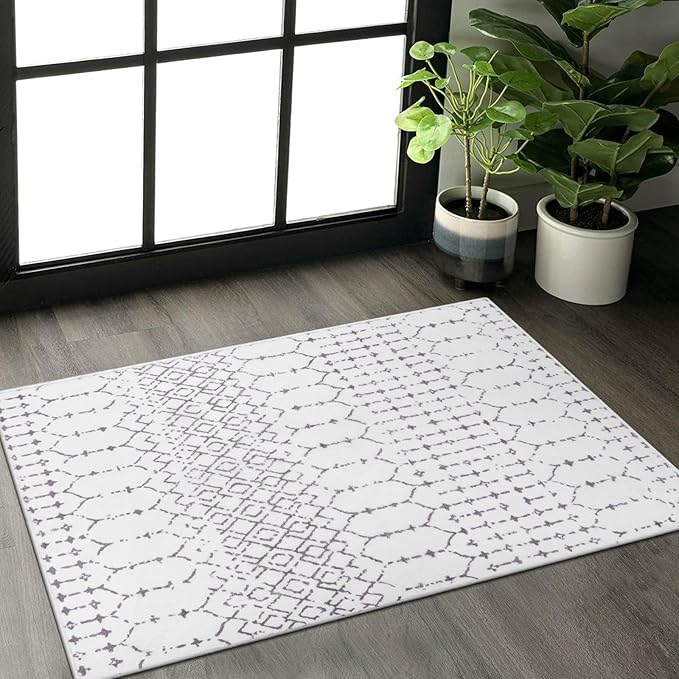 Lahome Moroccan Door Rugs for Entryway Indoor 2x3 Non-Slip Washable Front Door Mat Stain Resistant Untra-Thin Grey White Small Kitchen Rug, Geometric Inside Door Mats for Home Entrance Bathroom Sink