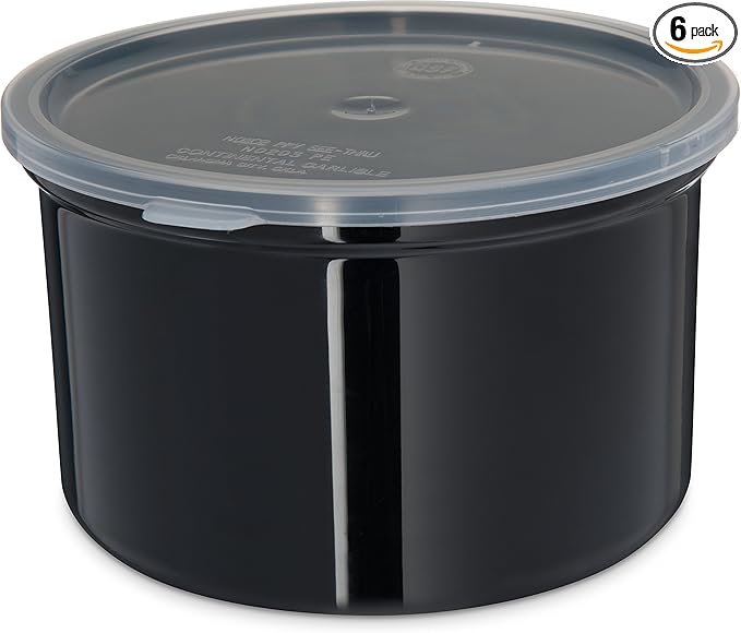 Carlisle FoodService Products Classic Round Storage Container Crock with Lid for Kitchen, Restaurants, Home, Plastic, 1.5 Quarts, Black, (Pack of 6)
