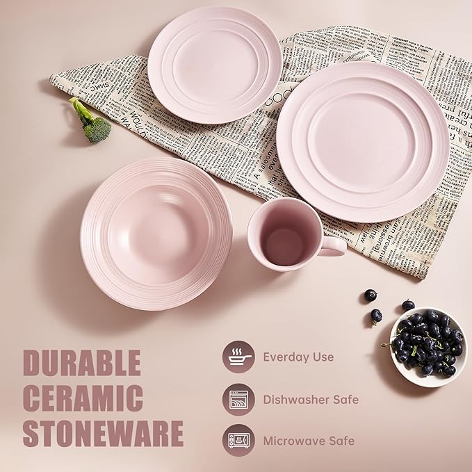 Modern Ceramic Dinnerware Set, 4-Piece, Mug, Bowl and Dinner Plates (Mauve)