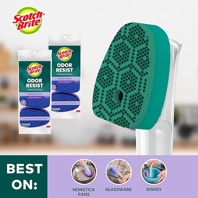 Scotch-Brite Advanced Soap Control Heavy Duty Dishwand Full Kit with 6 Heavy Duty Scrub Dots Refills, Leak-Free Soap Dispensing, Non-Slip Handle, Tough Scrubbing for Kitchen Dishes, Pots & Pans