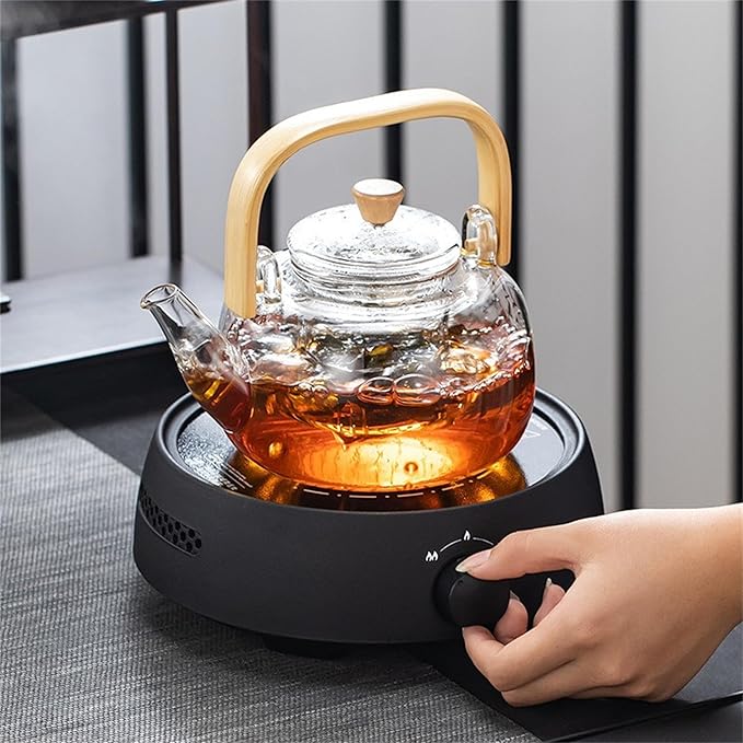 Glass Teapot,1000ml Large Capacity Multifunctional Borosilicate Teapot with Bamboo HandleTeapot with Removable Loose Tea Infuser,Glass Tea Pot Gas & Electric Stovetop Safe.（No heater included）