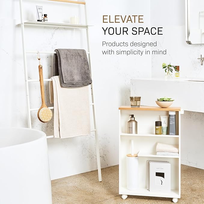 YAMAZAKI Home Slim Rolling Storage Cart – Narrow Bathroom Storage Cabinet with Handle, Slim Bathroom Storage Cart with Wheels, Easy Assembly, Steel + Wood, White