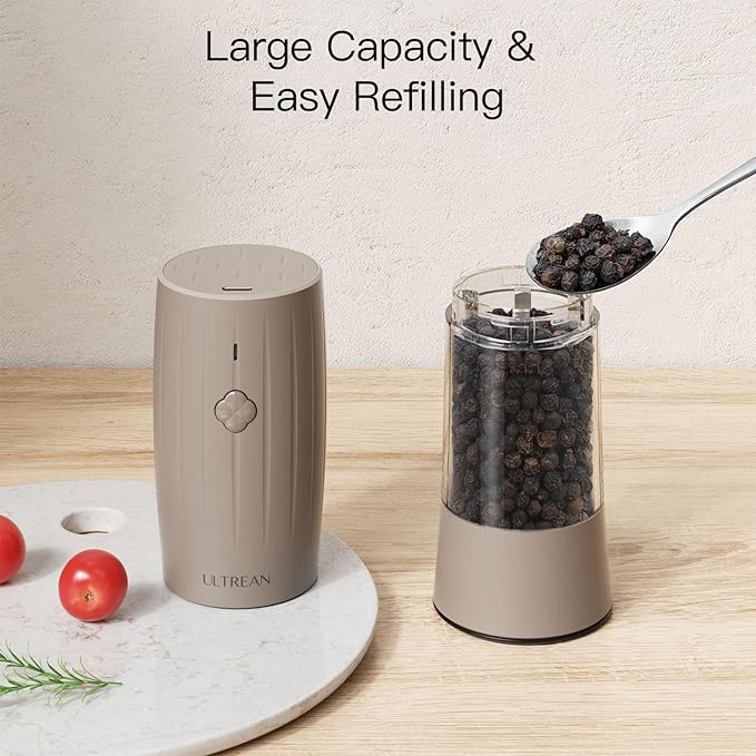 Ultrean Electric Salt and Pepper Grinder Set, Rechargeable Salt and Pepper Shakers, 6 Adjustable Coarseness, LED Light, Kitchen Gadget & Housewarming Gift, Brown