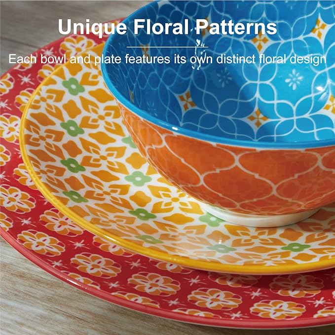 ONEMORE Ceramic Dinnerware Set, 12 Pieces Dish Sets for 4, Porcelain Plates and Bowls Sets, Microwave and Dishwasher Safe, Colorful