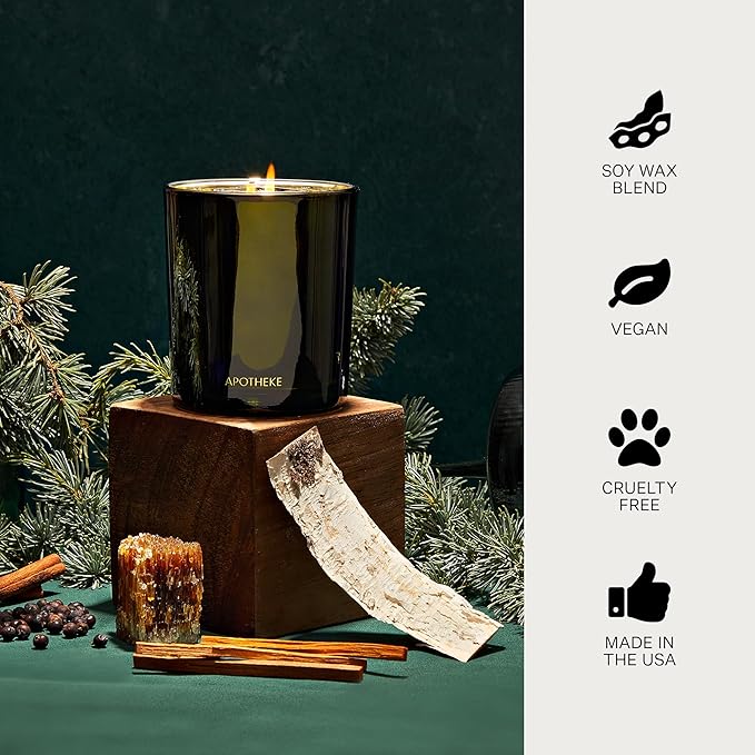 Apotheke Signature Scented Candles for Home, Juniper Birch - 10.5 oz - Soy Wax, Non Toxic, Large Jar Green - Luxury Candle Gifts for Women & Men - Clove, White Pepper, Fir Balsam, & Amber