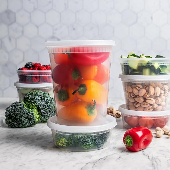 32 oz Deli Containers with Lids (240 Pack) Bulk – Plastic Quart Container with Lid Disposable 32oz freezer Soup & Food Storage Tall large Container 32 Ounce - Cups with Cover [240 Sets Case/Pack]